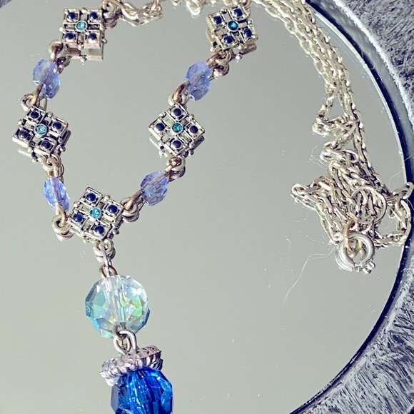 Handcrafted Dainty Silver Tone Chain Necklace Accented With Blue Stones - Picture 4 of 4